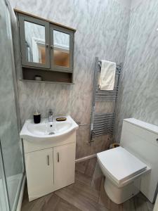 a bathroom with a sink and a toilet and a mirror at Castle Mount Apartments in Sandal and Walton