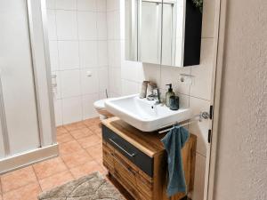 a bathroom with a sink and a mirror at Faraway Homes Studios Eberstalzell in Eberstalzell