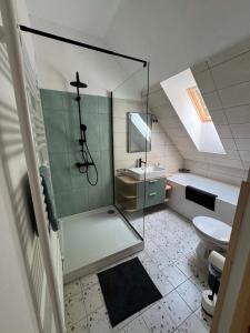 a bathroom with a glass shower and a toilet at Rita Apartman in Balatonföldvár +8 photos