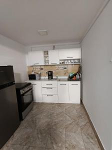 a kitchen with white cabinets and a black refrigerator at Cabana Tonea in Avrig