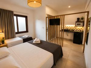 a hotel room with two beds and a television at Villa Vinci Flat in São Miguel do Gostoso +13 photos