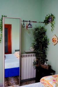 a mirror in a bedroom with a bed and a plant at Nice room with private bathroom in Ercolano