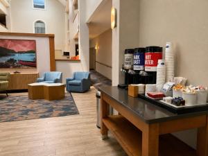 a lobby of a hotel with a table and chairs at Hampton Inn Cartersville in Cartersville