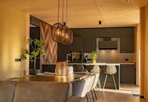 a dining room and kitchen with a table and chairs at Forest Villa 8 persons #724 in Maasbree
