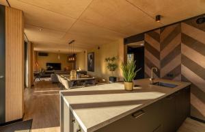 a kitchen and living room with a kitchen island in a house at Forest Villa 8 persons #724 in Maasbree