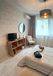 a bedroom with a bed with a television and a chair at Bella Apartment in Ruse