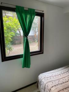 a bedroom with a window with a green curtain at Private room with bathroom in Mendoza