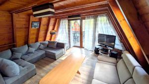 a living room with couches and a flat screen tv at VIVA SOLE domek nr 8 in Skorzęcin