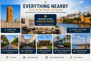 a collage of photos of mosques and a train at Modern Studio Hassan Rabat in Rabat