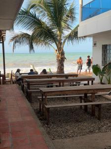 a group of people sitting on benches at the beach at hostal EMBAMAR in Palomino