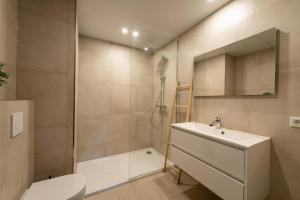 a bathroom with a shower and a sink and a toilet at Forest Villa 6 persons #1212 in Maasbree