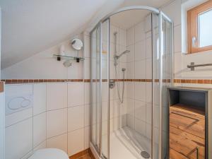 a bathroom with a shower and a toilet at IndieBerge in Mittersill