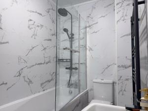 a bathroom with a shower and a toilet and a sink at Sunderland Central 2BR Apartments in Sunderland