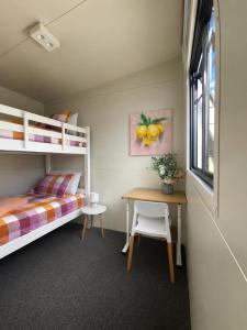 a bedroom with a bunk bed and a desk at Puriri Tiny Home in Orewa