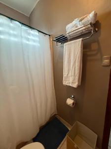 a bathroom with a shower curtain and a toilet at Hospedaje Ejecutivo Toronjal II in La Ceiba