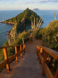 a stairway leading down to the ocean with a cactus at CASA VAHIANA in Búzios
