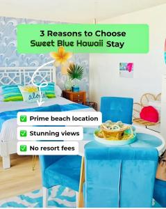 a room with a bed and a table and chairs at Sweet Blue Hawaii in Honolulu