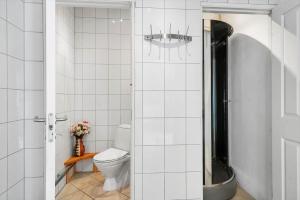 a white bathroom with a toilet and a shower at 6048-Stege-Kostervej-48 in Stege +13 photos