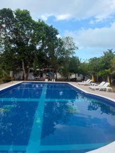 a blue swimming pool with chairs and a tree at hostal EMBAMAR in Palomino +12 photos