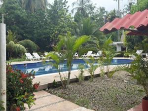 a resort with a swimming pool with chairs and palm trees at hostal EMBAMAR in Palomino