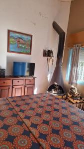 a bedroom with a bed with a fireplace in it at Casa con bajada al rio in Villa Cura Brochero