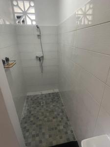 a bathroom with a shower with a toilet and a sink at Appartement t2 in Matoury