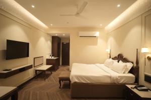 a hotel room with a bed and a television at Regent Park Hotel in Jalandhar
