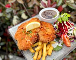 a plate of food with fish and french fries and salad at Manning River Motel in Taree