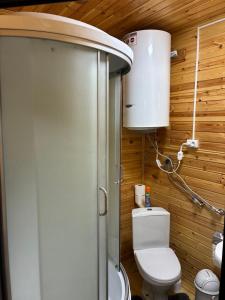 a bathroom with a toilet and a water tank at Мачу Пикчу in Cholpon-Ata