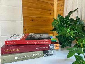 three books stacked on top of each other on a table at Мачу Пикчу in Cholpon-Ata