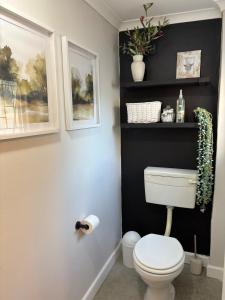 a bathroom with a white toilet and a black wall at The Red Couch Accommodation in Tsumeb