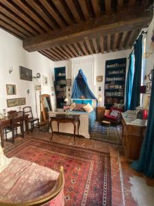 a living room with a bed with a blue canopy at Le Boudoir d'artiste in Semur-en-Auxois +16 photos