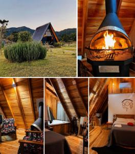 a group of four pictures with a fireplace in a cabin at Pé na Picada in Urubici