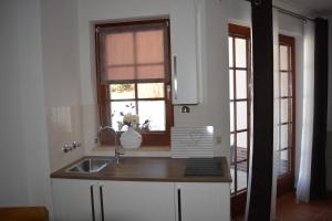 een keuken met een spoelbak en een raam bij Hoffmann's Apartment in der Residenz Bocksbergblick in Hahnenklee-Bockswiese +17 foto's