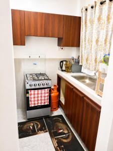 a small kitchen with a stove and a sink at Calvin's corner in Kisumu
