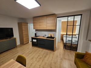 ein Wohnzimmer mit Küche und ein Schlafzimmer in der Unterkunft CUTE FLAT centrum in Suwałki