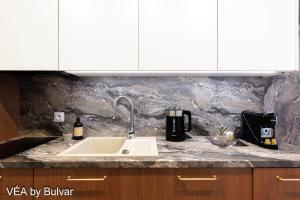 a kitchen counter with a sink and a coffee maker at VÉA by Bulvar in Kielce +34 photos