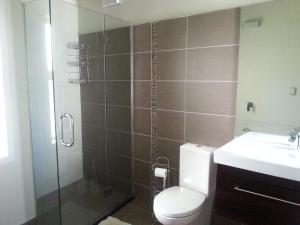 a bathroom with a shower and a toilet and a sink at Million Dollar View in Wellington