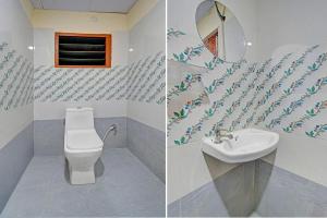 two pictures of a bathroom with a toilet and a sink at Collection O ECIL Industrial Estate Formerly Hotel Cube in Maula Ali +23 photos