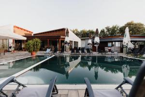 a large swimming pool with chairs and umbrellas at Füzeskerti Apartmanház in Békésszentandrás