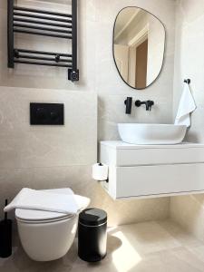 a bathroom with a toilet and a sink and a mirror at CasaSmaragdi in Perdika +51 photos