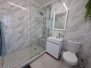 a bathroom with a shower and a toilet and a sink at The Wave House on the Beach in Port Alfred