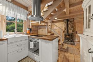 a kitchen with a stove top oven next to a fireplace at Przystanek Zielnik in Łosie