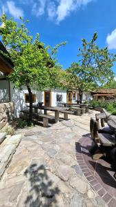 a group of benches sitting on a stone patio at EL MOLINO - ehemalige Mühle mit großem Gartenareal in Modlisch