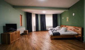 ein Schlafzimmer mit zwei Betten und einem Flachbildfernseher in der Unterkunft Abigarrado in Rucăr