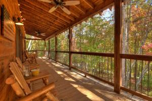a screened porch of a cabin with a ceiling fan at Squirrels Hideaway Fire Pit MTN Views in Copperhill