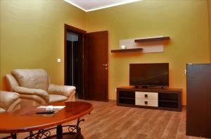 een woonkamer met een tv en stoelen en een tafel bij Apartments Md Lux 2 in Sutomore