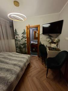 a bedroom with a bed and a desk and a mirror at U Hanki in Biały Dunajec