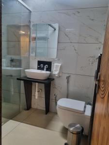 a bathroom with a sink and a toilet and a mirror at Platinum Arc in Jaipur