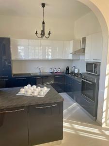 a kitchen with blue cabinets and a table with cups on it at Villa Gaia in Bordighera